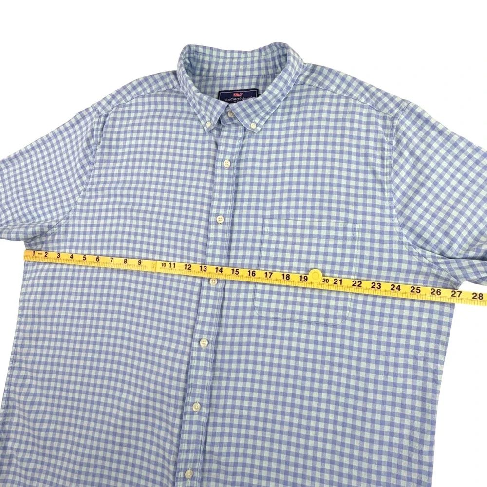 Vineyard Vines Classic Shirt Men XB Blue‎ Mint Gingham Linen Blend Short Sleeve